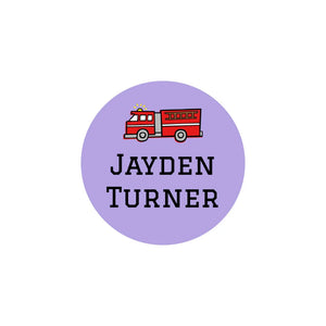 circle clothing name labels for kids in fire truck purple
