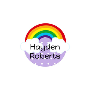 circle stick-on clothing labels for kids in rainbow purple