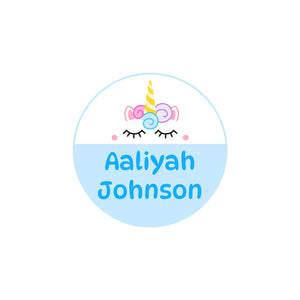circle clothing labels for kids unicorn light blue