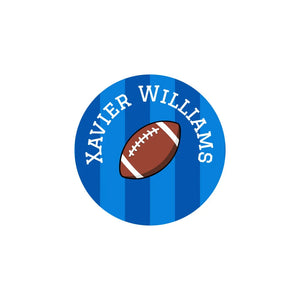 circle iron-on name stickers for kids in football blue
