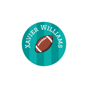 circle iron-on name stickers for kids in football turquoise