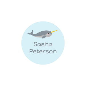 circle iron-on name stickers in narwhal light blue