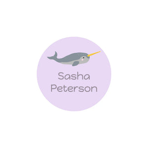 circle iron-on name stickers in narwhal light purple