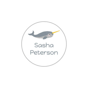 circle iron-on name stickers in narwhal white