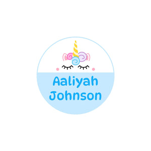 circle iron-on clothing labels for kids unicorn light blue
