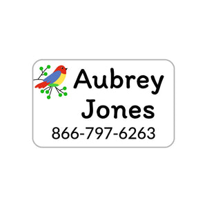 kids' laundry-safe contact clothing labels in parrot