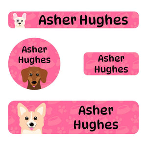 small name labels pack for kids in dogs pink