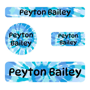 small name labels pack for kids in tie-dye art blue