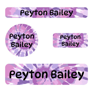 small name labels pack for kids in tie-dye art purple