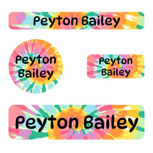 small name labels pack for kids in tie-dye art rainbow