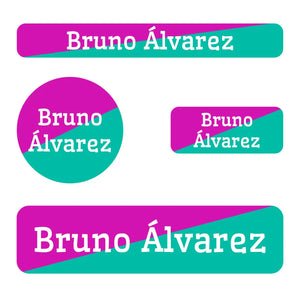 small name labels pack for kids in two-tone red violet turquoise