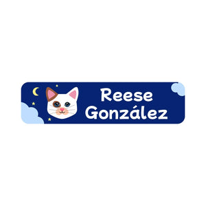 cats dark blue small rectangle name labels