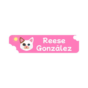 cats pink small rectangle name labels