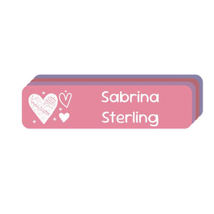 small rectangle name labels doodle hearts berry bash