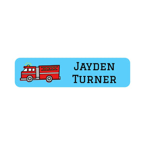 small rectangle name labels for kids in fire truck blue