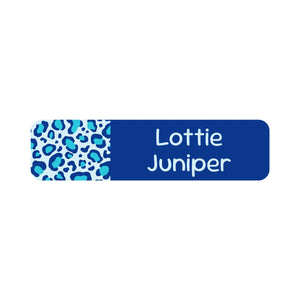 small rectangle name labels leopard print blue