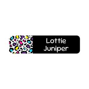 small rectangle name labels leopard print rainbow