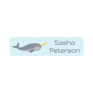 kids' small rectangle dishwasher-safe labels in narwhal light blue