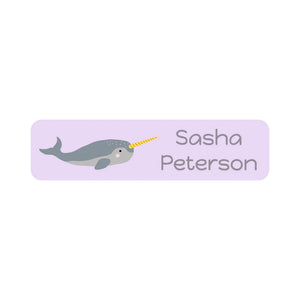 kids' small rectangle dishwasher-safe labels in narwhal light purple