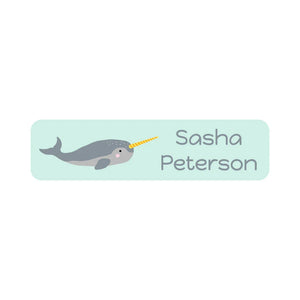kids' small rectangle dishwasher-safe labels in narwhal seafoam green