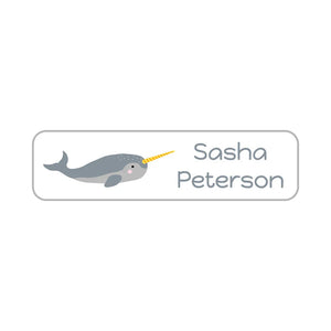 kids' small rectangle dishwasher-safe labels in narwhal white