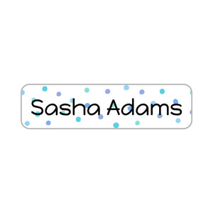 small rectangle name stickers for kids in pom pom blue