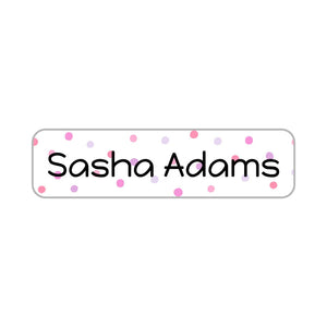 small rectangle name stickers for kids in pom pom pink