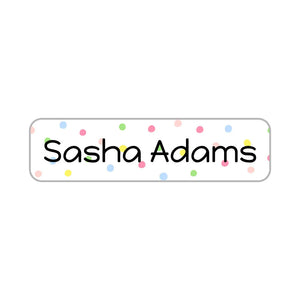 small rectangle name stickers for kids in pom pom rainbow