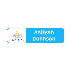 small rectangle name labels for kids unicorn blue