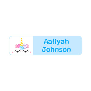 small rectangle name labels for kids unicorn light blue