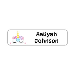 small rectangle name labels for kids unicorn white