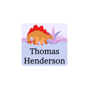 square clothing labels dinosaurs purple