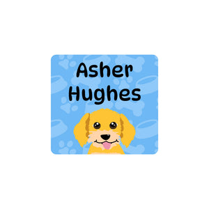 square clothing labels dogs blue