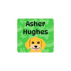 square clothing labels dogs green