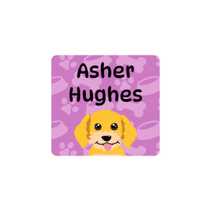 square clothing labels dogs purple