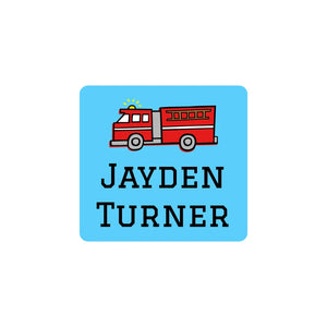 square clothing name labels for kids in fire truck blue