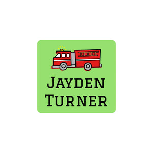 square clothing name labels for kids in fire truck green