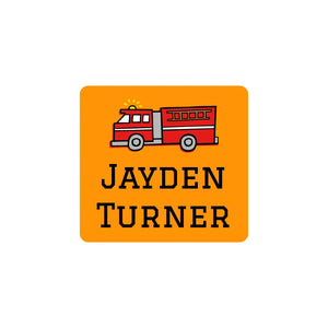 square clothing name labels for kids in fire truck orange