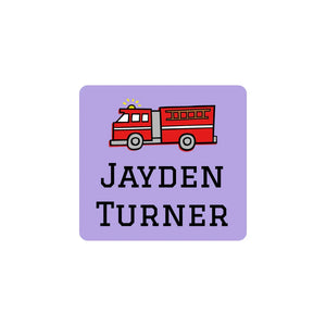 square clothing name labels for kids in fire truck purple