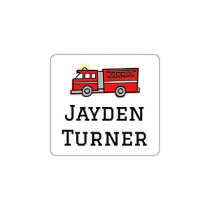 square clothing name labels for kids in fire truck white