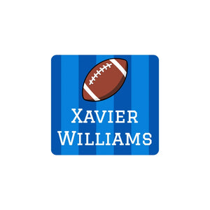 square clothing name labels for kids in football blue
