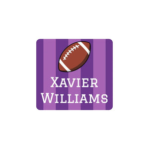 square clothing name labels for kids in football purple