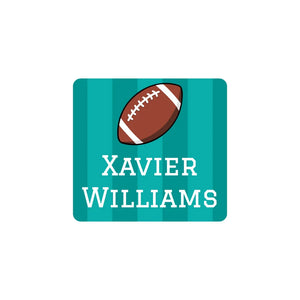 square clothing name labels for kids in football turquoise