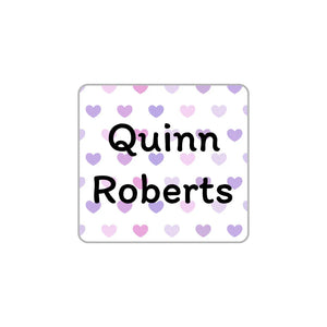 square clothing labels hearts purple