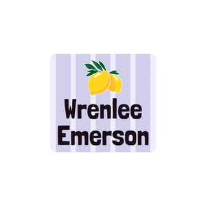 square clothing labels lemons purple