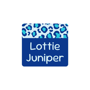 square clothing labels leopard print blue