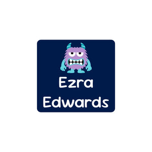 square clothing labels monsters dark blue