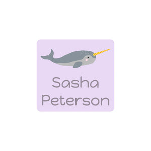 kids' square stick-on clothing labels in narwhal light purple