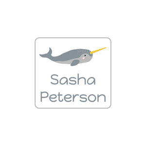 kids' square stick-on clothing labels in narwhal white