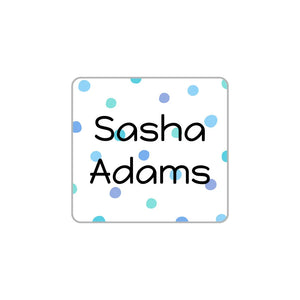 square laundry-safe clothing labels for kids in pom pom blue